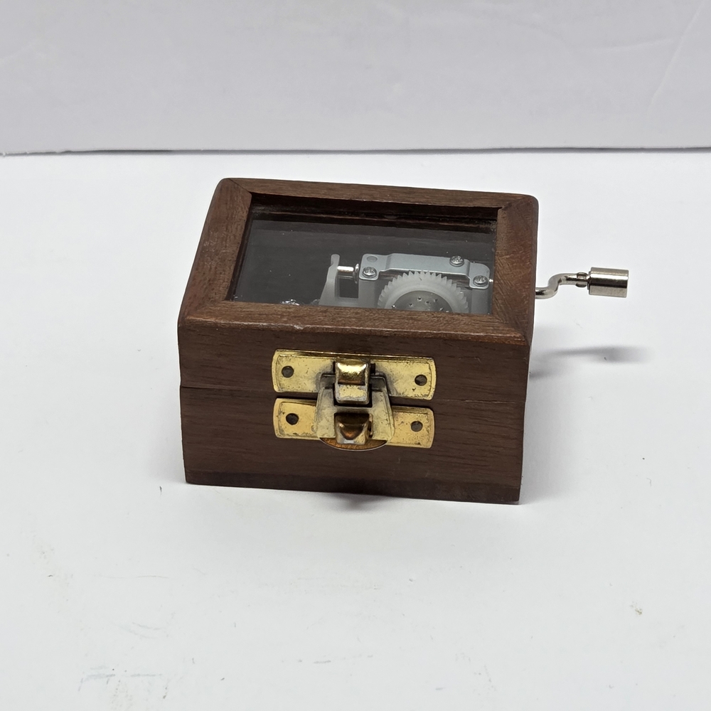 Wooden‎ Hand Crank Music Box with Glass Lid, Metal Latch, Approx. 3x2x1.5"